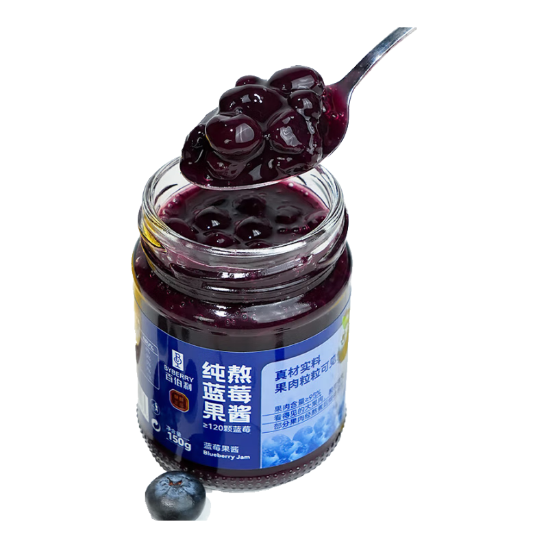 百伯利蓝莓果酱0白砂糖0脂纯熬95%大颗粒蓝莓儿童早餐涂面包吐司酱150g