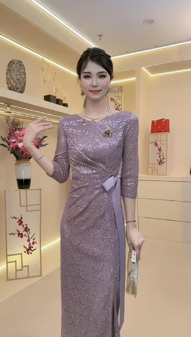 皮尔卡丹（pierre cardin）女儿结婚妈妈参加婚礼高端喜婆婆婚宴装晚礼服裙高贵洋气春夏新款 绑带香芋紫七分 M 100-110