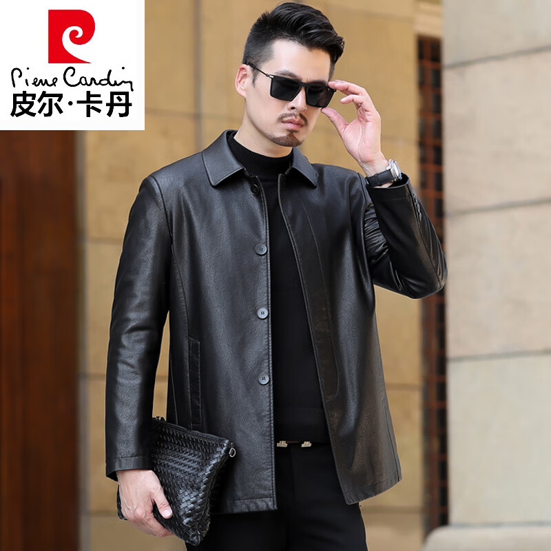 皮爾卡丹（pierre cardin）中老年男士皮衣外套春秋季薄款40歲50爸爸冬裝加絨加厚皮夾克男裝 9907黑色 薄款 M 170 適合100到115斤