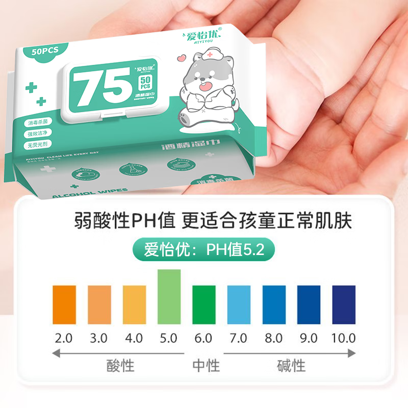 爱怡优爱怡优75度酒精消毒湿巾杀菌专用成人学生除菌湿巾50抽家庭实惠装 【囤货装】50抽*10包有效抑菌