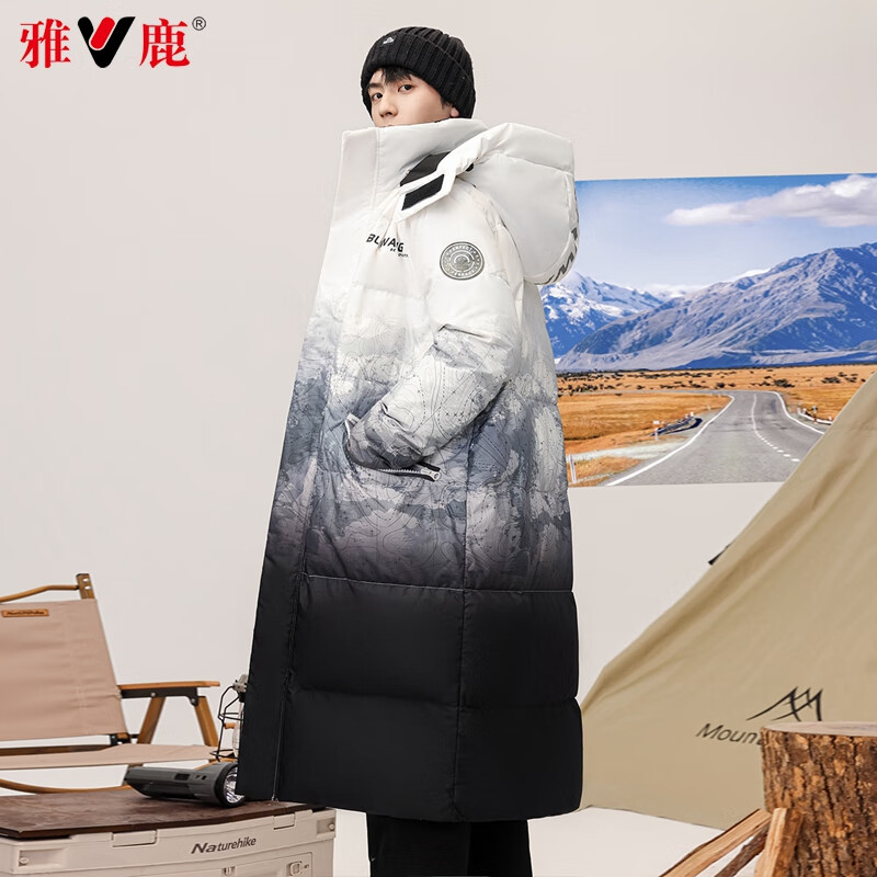 雅鹿潮流男士羽绒服冬季新款加厚中长款连帽保暖冬装时尚渐变休闲外套 迷彩色 L 175