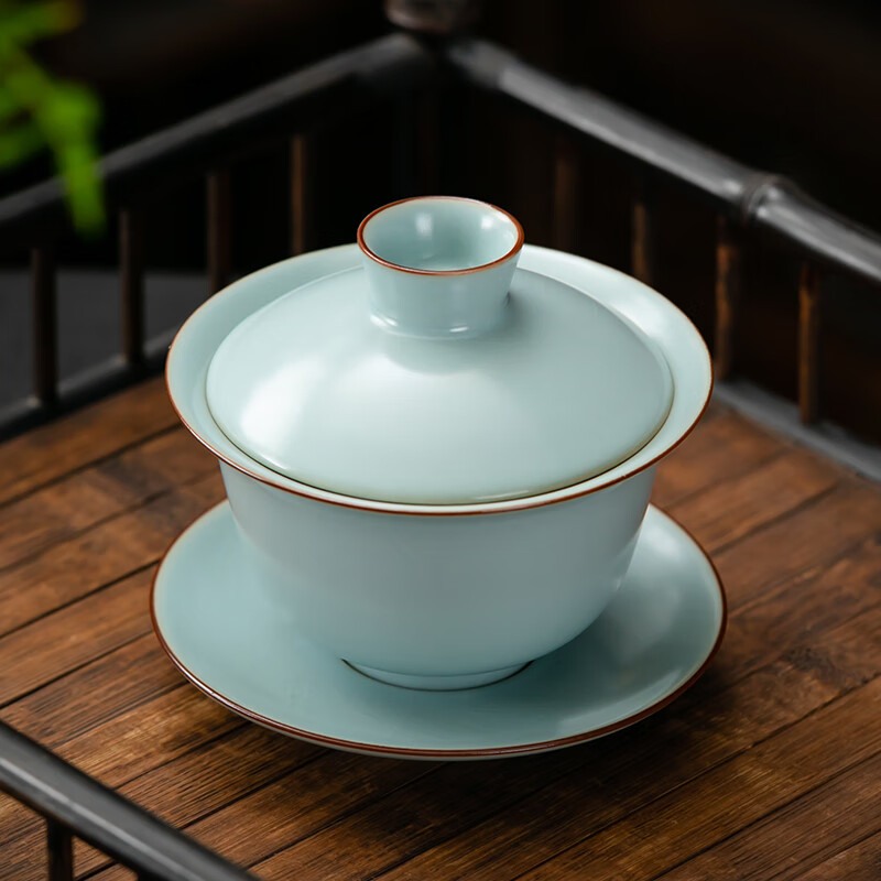 京峰阁 茶具三才盖碗 汝窑圆满高端泡茶碗开片可养蝉翼纹乔迁送礼三件套 圆满盖碗（天青）