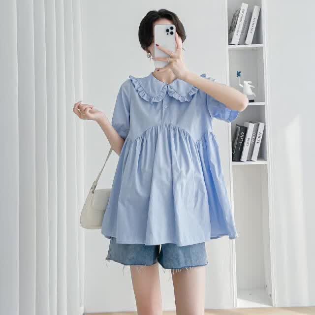 爱菲莹孕妇装时尚新款夏季纯色短袖翻领娃娃领衬衫显瘦遮肚韩版气质上衣 蓝色 XXS（建议30公斤以下拍）