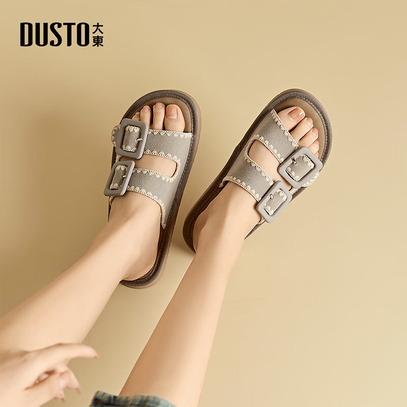 大东勃肯鞋女鞋2025夏季新款休闲平底低跟套脚露趾皮带扣X0732 灰色 35