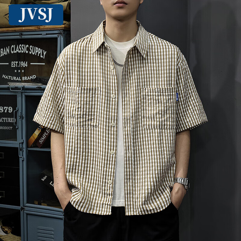 JVSJ2025夏季新款美式格子休闲男士短袖衬衫潮牌宽松百搭翻领工装衬衣 杏色 XL
