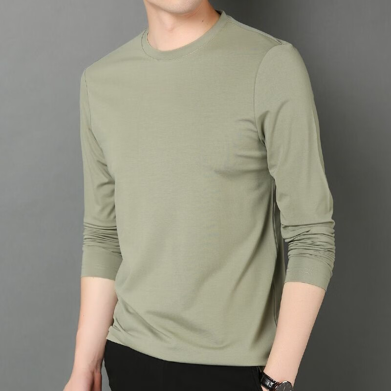 【厂家直供】桑蚕冰丝t恤男长袖薄款春秋卫衣内衣夏季速干圆领冰 豆绿圆领长袖 3XL 【建议150-165斤】