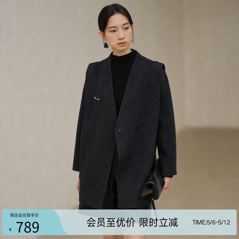 亦谷羊毛混紡復(fù)古假兩件灰色呢子大衣女2025秋冬季新款高級(jí)感外套 深灰 L