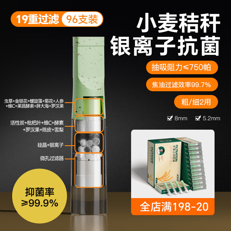 諍友 (JOYO)諍友一次性煙嘴新款小麥秸稈46重煙嘴過(guò)濾器三用粗中細支 新升級19重過(guò)濾裝 96支