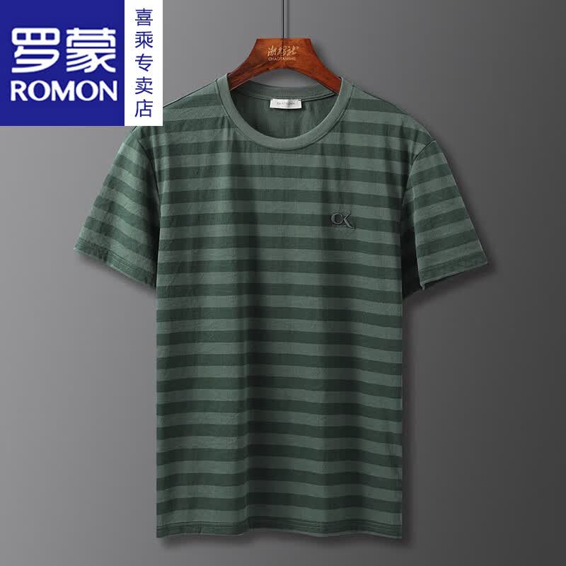 罗蒙(ROMON)仿棉麻潮流夏季透气薄款青年短袖T恤男2026条纹刺绣上衣新品 杏色 M