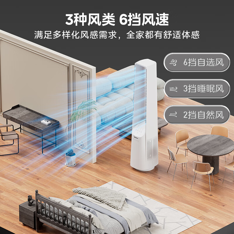 美的（Midea）家用塔式无叶风扇 智能定时轻音安静卧室家用母婴优选 循环风大风力 智能风随温变防着凉 语音声控 【风随温变】AMS150I-TBV
