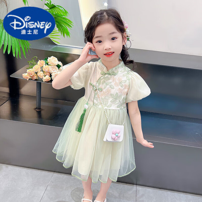 迪士尼（Disney）女童夏款连衣裙中国风公主裙子刺绣女宝宝儿童夏季装2025新款汉服 浅绿色 送包 140 cm