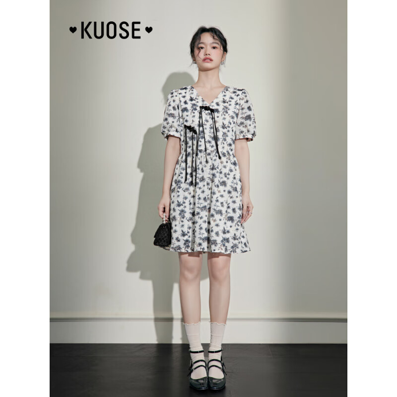 闊色（kuose）新中式泡泡袖碎花連衣裙娃娃裙女2025春夏季新款盤扣a字短裙 花色 S
