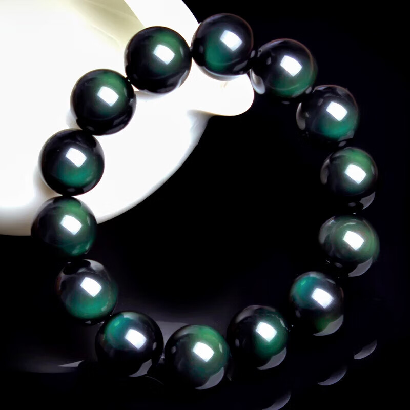 彩虹眼黑曜石天l然双绿眼手链墨西哥国石彩 双绿眼手链珠径8mm 黑曜石