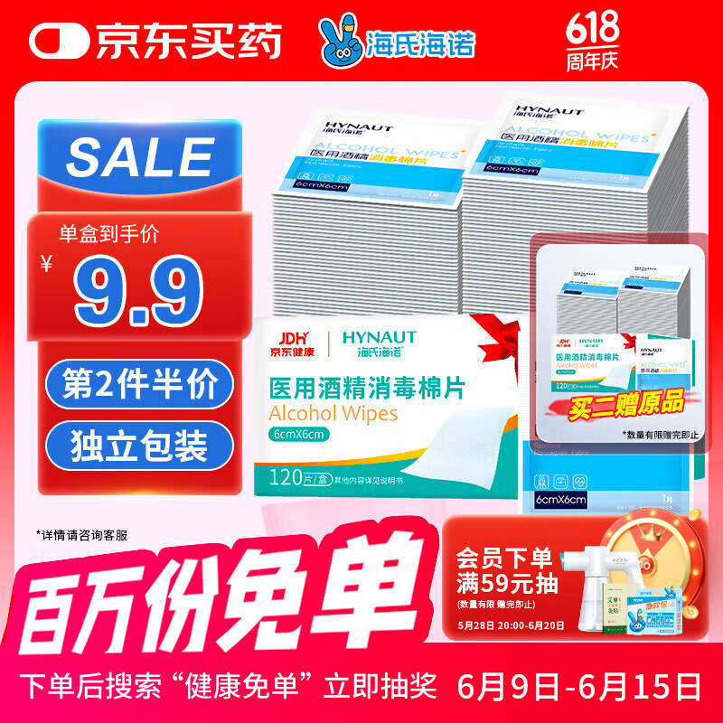 海氏海诺 75%医用消毒湿巾棉片 酒精棉片 120片装 6*6cm