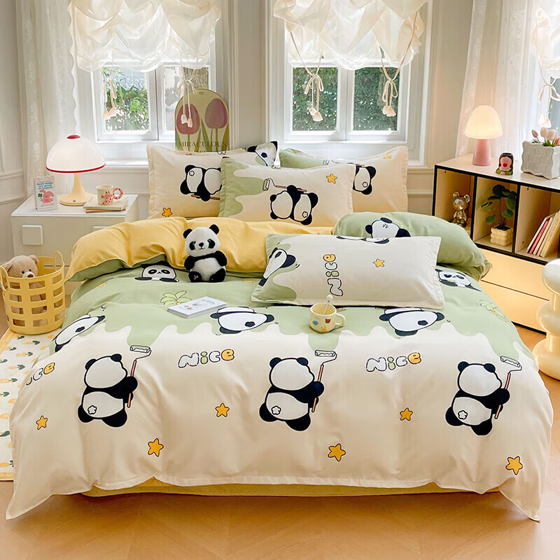 软贝小清新四件套 透气亲肤印花卡通简约田园风被套床单款套件 活力熊 2.0m 床单款 四件套（被套200*230cm）