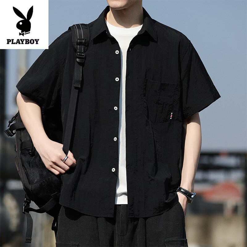 花花公子（PLAYBOY）潮牌短袖純色襯衫男休閑潮流夏季2025新款休閑冰絲薄款襯衣原宿風(fēng) CMFS-CS2470黑色 M