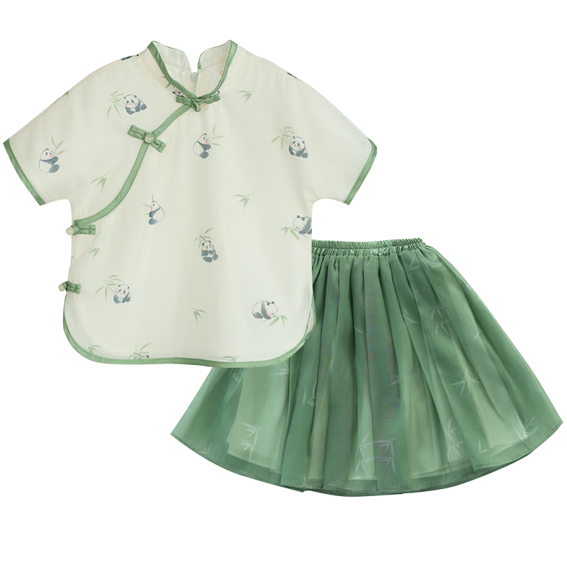 萌乎青玉案女童漢服2025旗袍刺繡裙子套裝古風童裝 綠色裙裝薄款  110