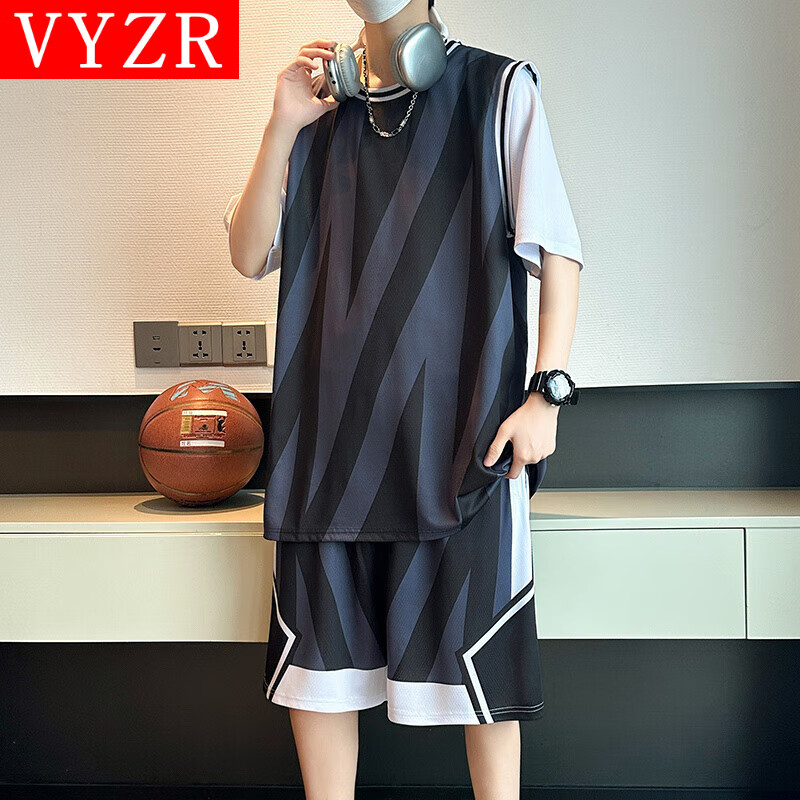 VYZR篮球服套装男速干衣冰丝T恤运动短袖短裤跑步夏季健身衣羽毛球服 黑色 M
