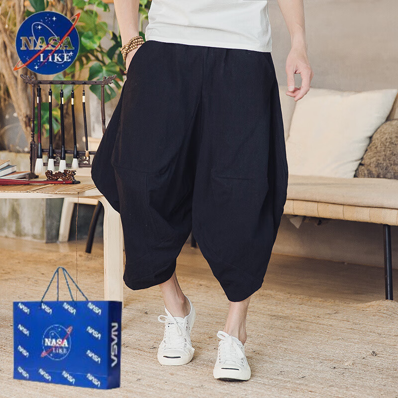 NASALIKE中國風(fēng)燈籠褲男寬松嘻哈復(fù)古飛鼠褲 黑色 M 100-120斤
