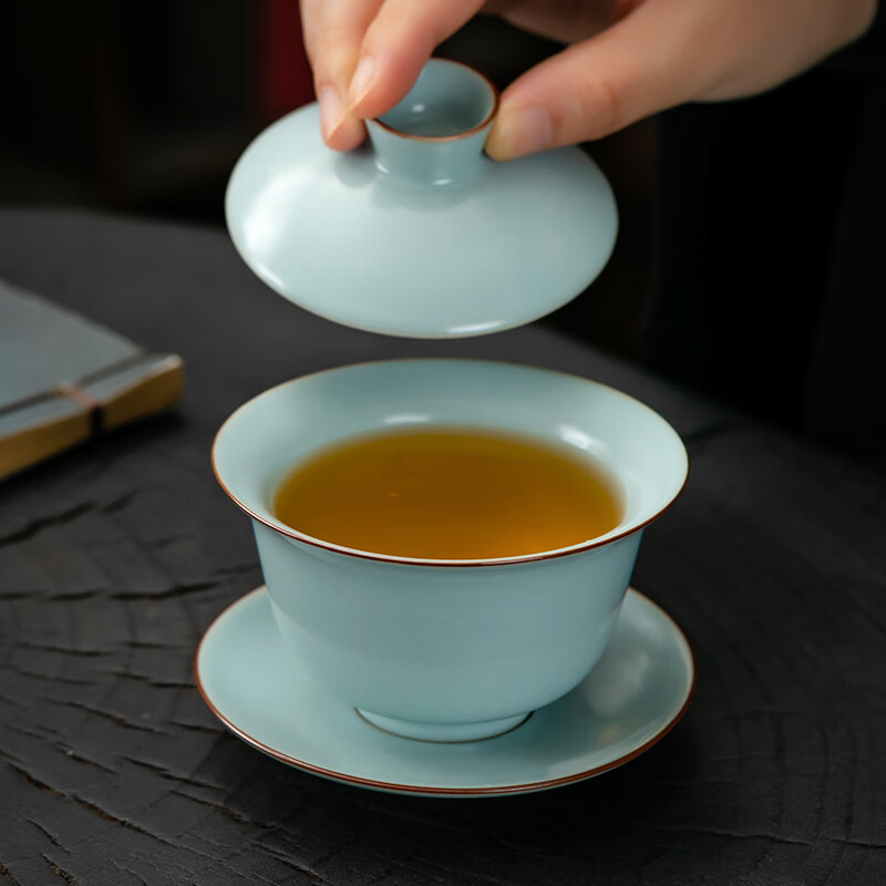 京峰阁 茶具三才盖碗 汝窑圆满高端泡茶碗开片可养蝉翼纹乔迁送礼三件套 圆满盖碗（天青）