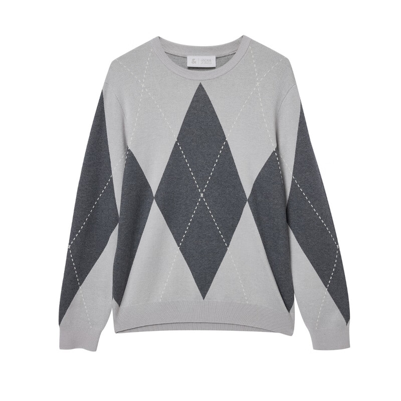 杰克·琼斯(JACK&JONES)男装25年秋冬季针织衫男士薄款毛衣菱形格纹长袖圆领套头打底衫 G41浅花灰色 XL (185)
