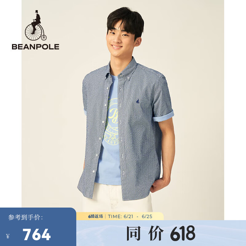 beanpole【新品】滨波  2025春夏男士商务泡泡纱朝阳格短袖衬衫 藏青色 M 175/92A