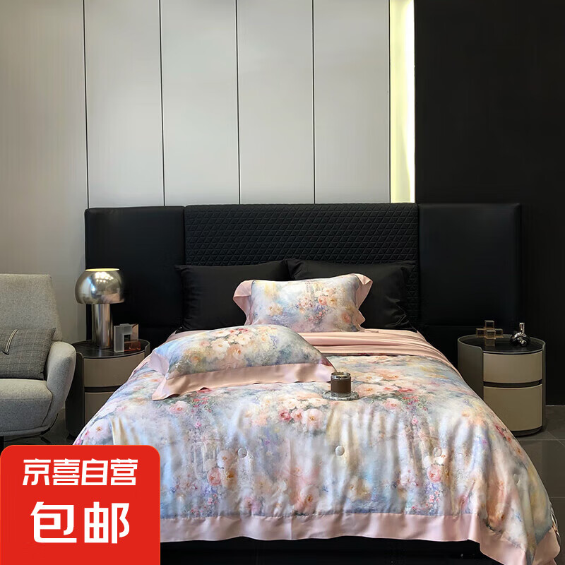 新款兰精天丝夏凉被四件套数码印花复古凉感丝滑空调被轻奢床品 太古汇-花开半夏-蜜可粉 1.8m床单四件套夏被200*230