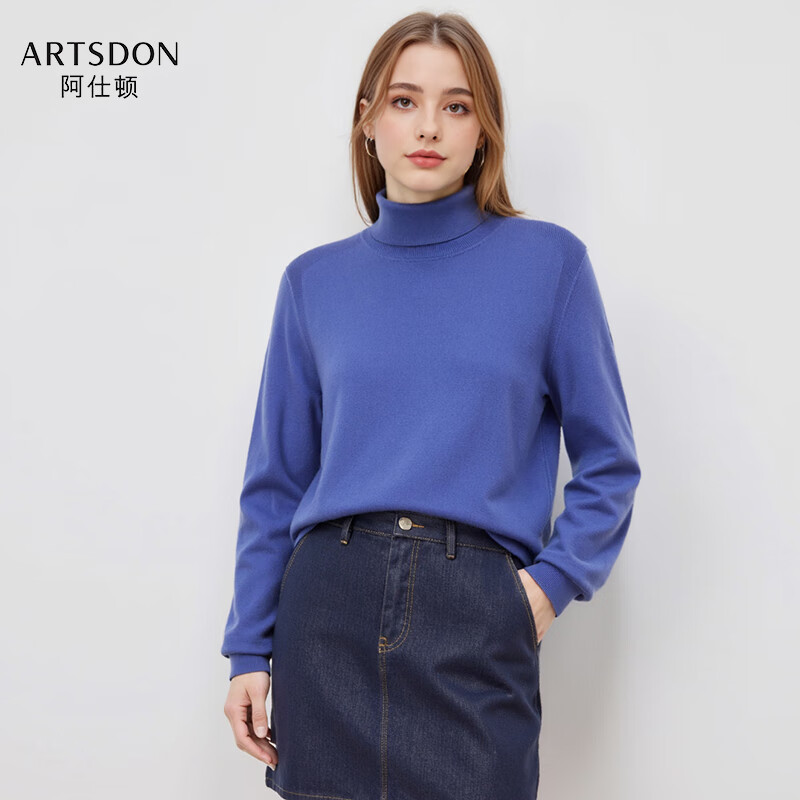 阿仕顿（ARTSDON）2025春秋新款女士经典净色高领百搭显瘦套头针织衫 中蓝 M 推荐80-110斤