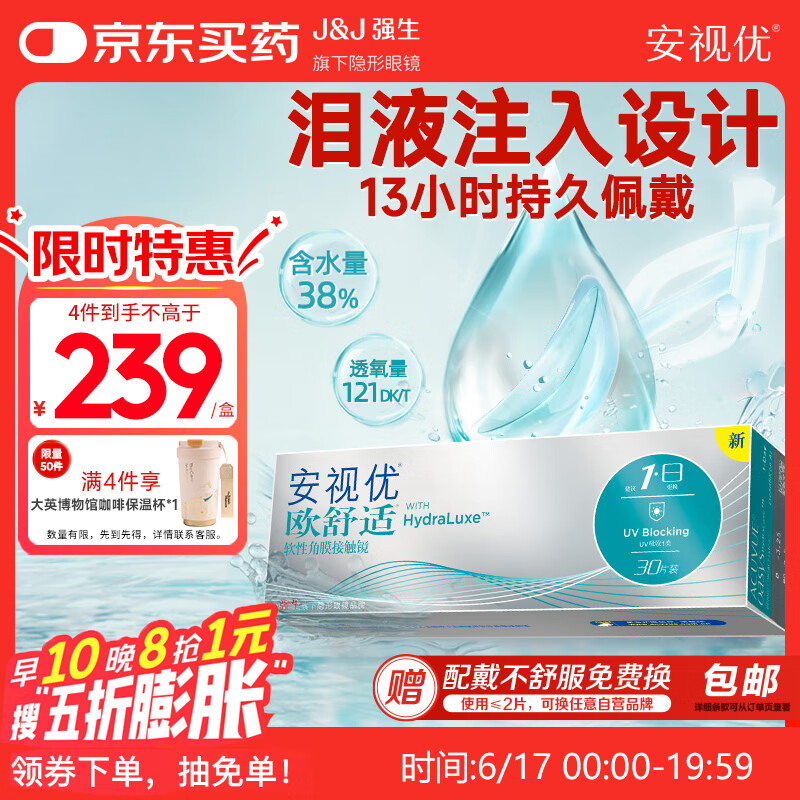强生隐形眼镜日抛进口欧舒适硅水凝胶高透氧保湿30片装400度