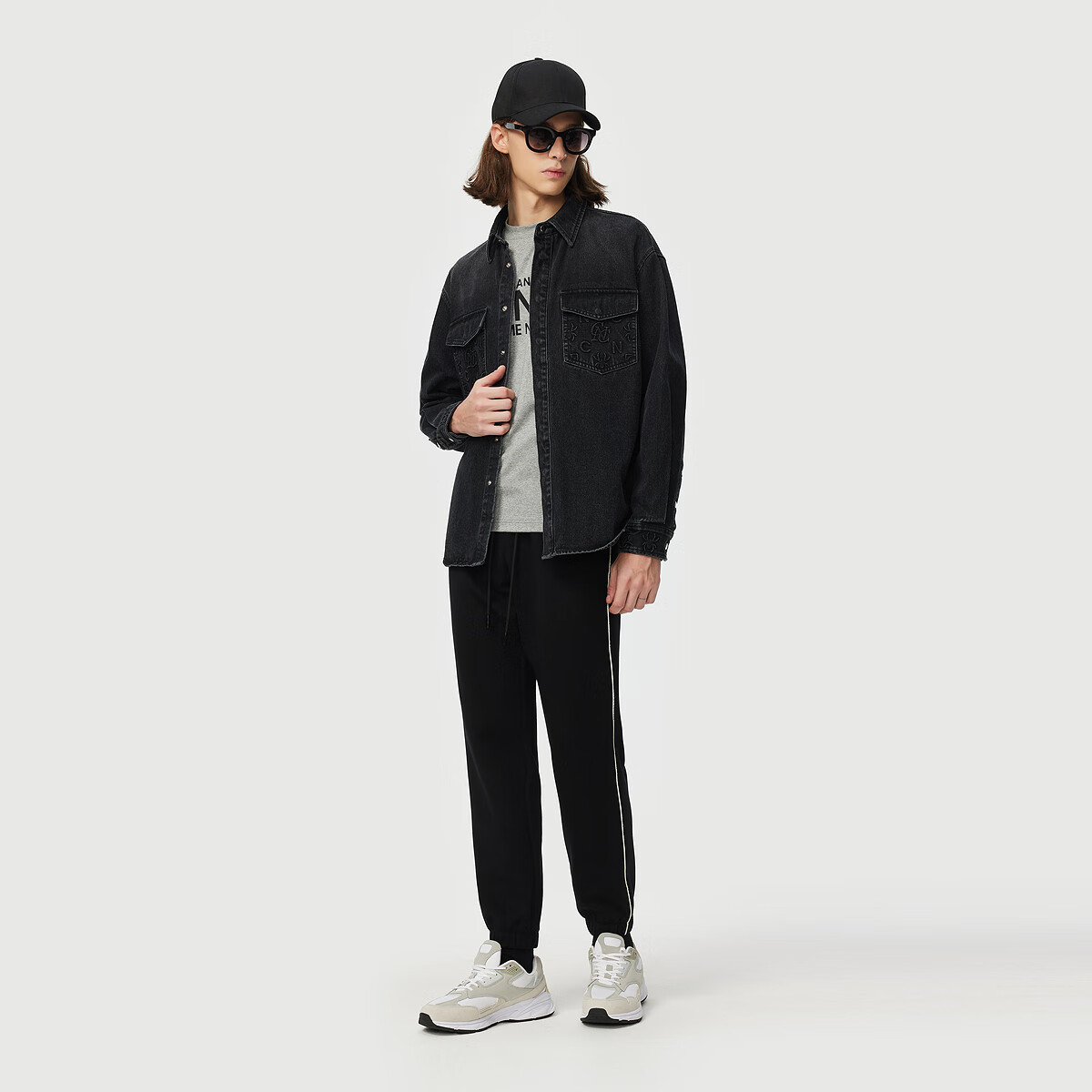 C'N'C【奢侈品衣服】CNC25新款磨毛束脚休闲裤男刺绣logo束脚长裤 黑色 36 (180/92A)