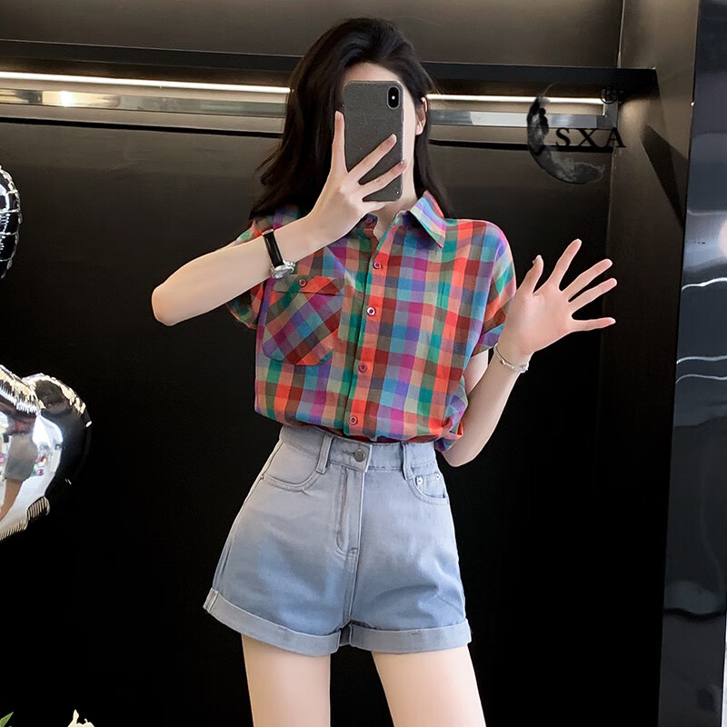SXA香港潮牌格子衬衫套装女时尚韩版牛仔短裤夏季新款减龄薄款两件套 套装 S