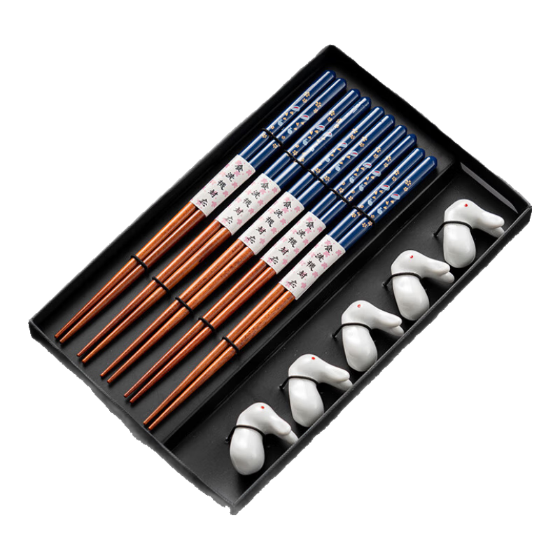 onlycook日式尖頭筷可機洗兔年木筷家用5雙實(shí)木筷子餐具禮盒 藍色兔子+兔子筷子托5個(gè) 5雙