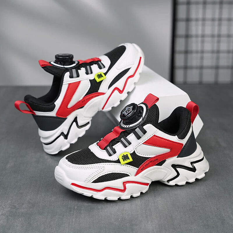 贝天熊童鞋儿童运动鞋春夏款男童网面透气跑步鞋女革面旋钮扣学生鞋 K398黑红【四季双网】 30 内长19.0/脚18.0