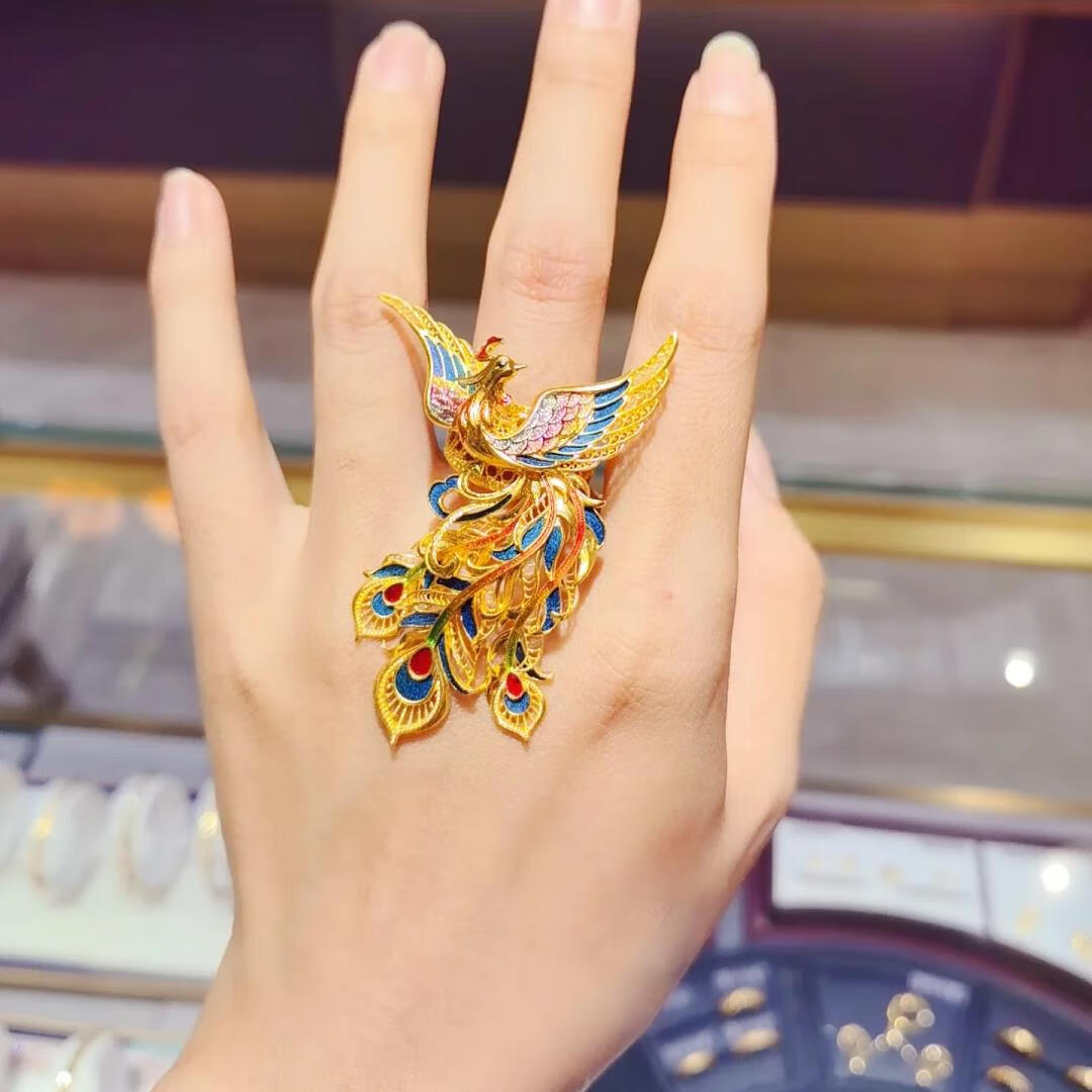 溥畔老凤凰999黄金色珐琅彩凤舞九天花丝镂空凤凰戒指女中式复古宫廷