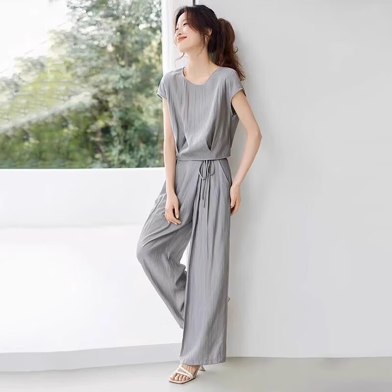 夏典素订女王（SE.PSTP）轻薄透气穿搭一整套女夏季时髦洋气宽松无袖上衣阔腿长裤两件套装 卡其色 【上衣+长裤】 S 建议【80-99斤】