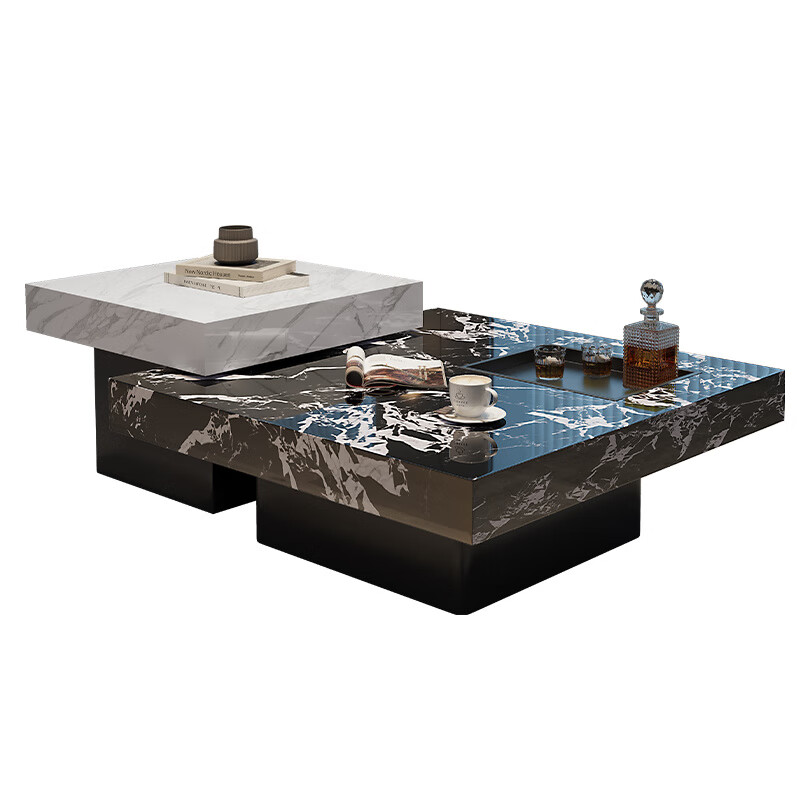 曲柏年现代新款岩板茶几极简小户型意式简约客厅大理石家用轻奢方形 雪山白50cm+宝格丽黑80cm 小茶几高51cm+大茶几高41cm