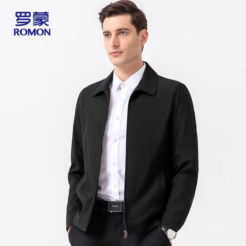 罗蒙（ROMON）翻领夹克男秋季纯色商务休闲男士中老年行政上衣爸爸装外套 黑2XL