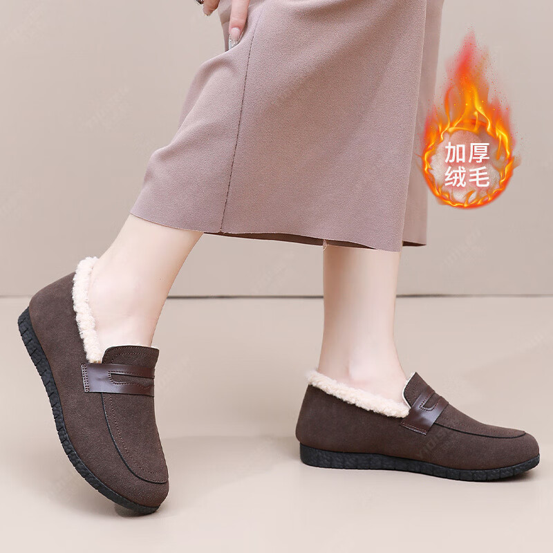 意迪森冬季新款加绒加厚保暖棉鞋一脚蹬毛毛鞋老北京布鞋中老年妈妈鞋 黑色 加绒 37 (235mm)