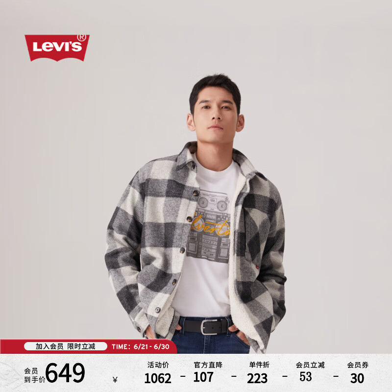 Levi’s李維斯秋冬男士英倫風(fēng)復(fù)古格紋寬松襯衫領(lǐng)仿羊羔絨夾克外套 灰白色 0017O-0002 M