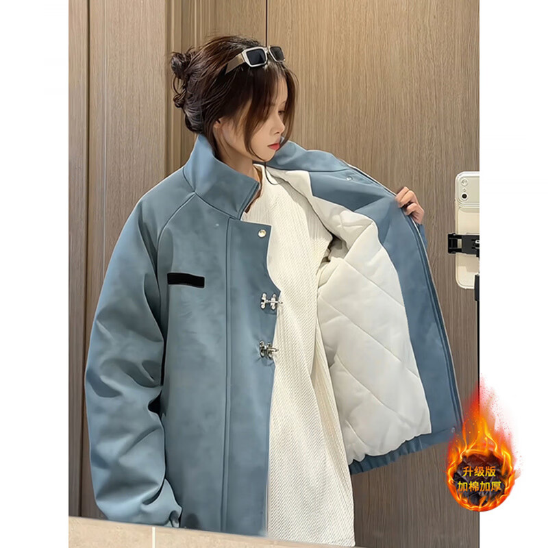 轩森图（XUANSENTU）哑光蓝扎染皮衣棉服男女款秋冬季美式飞行夹克外套立领夹棉棒球服 哑光蓝【加棉】 L (推荐115-130斤)