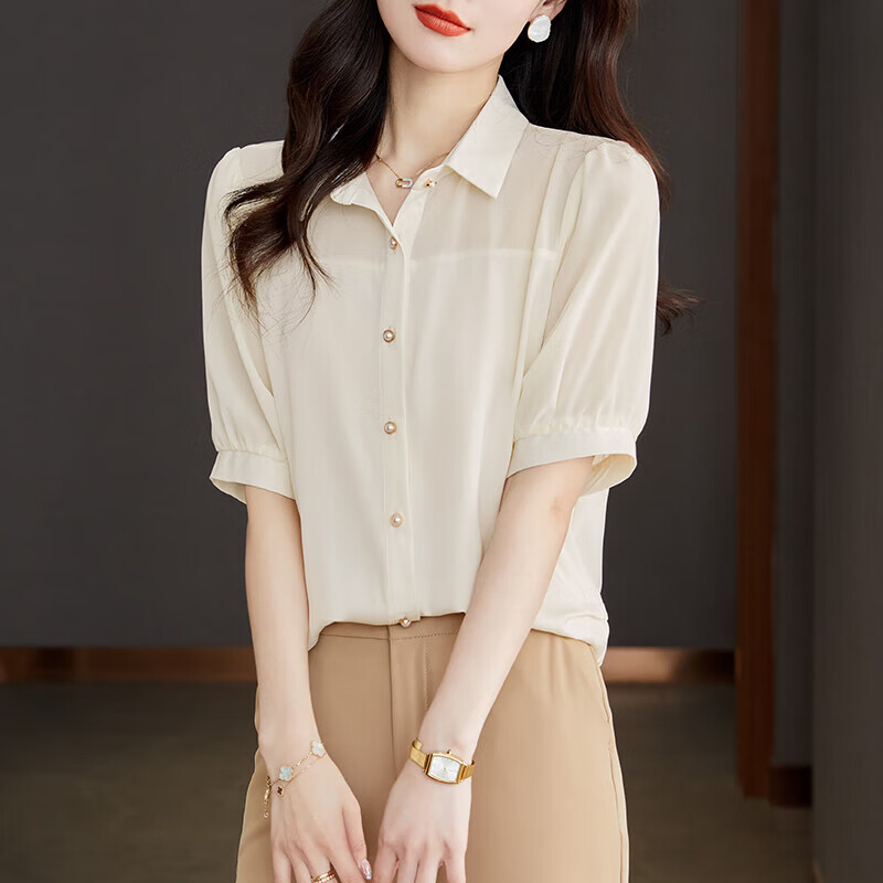 拉夏貝爾（La Chapelle）輕奢高檔短袖雪紡襯衫女短款夏季2025新款夏裝氣質(zhì)上衣顯瘦小衫遮 杏色 M [90-105斤]