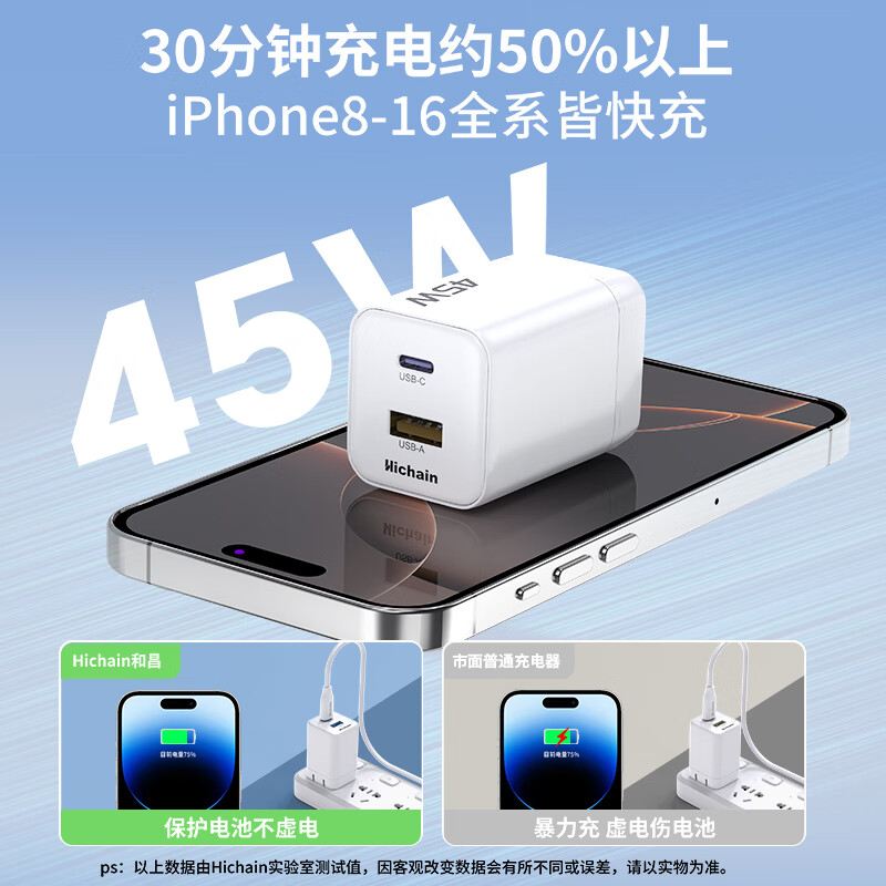 Hichain和昌充电头适用苹果16/15充电器USB插头45w充电头typec氮化镓充电器iPhone14 pro max华为安卓通用 1A+C【白色】45W氮化镓充电器