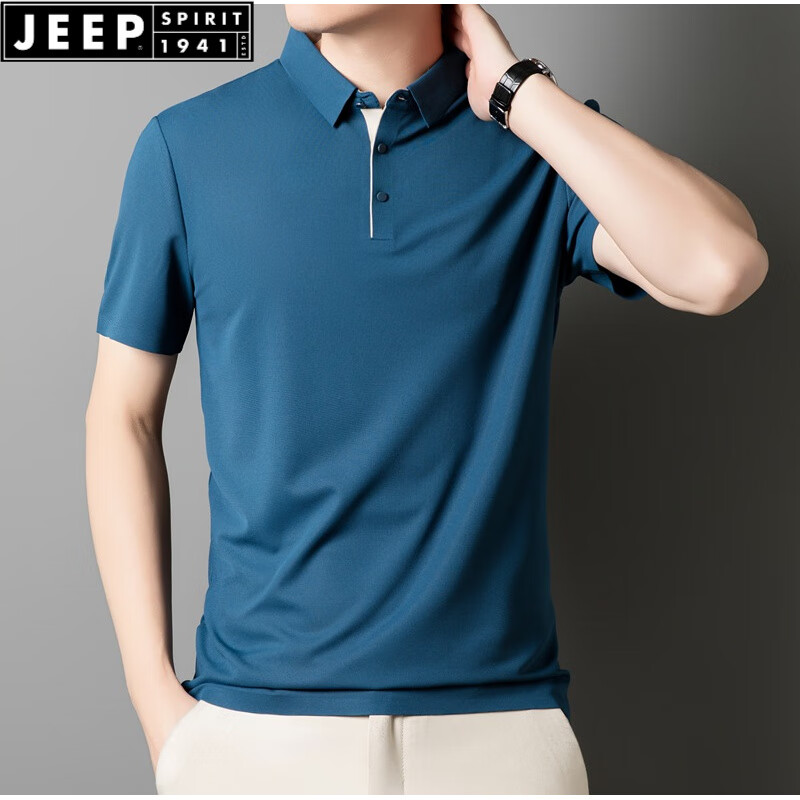 JEEP SPIRIT2025新款男士夏季短袖polo衫男翻领简约冰丝商务翻领polo衫透气 雾霾蓝 M