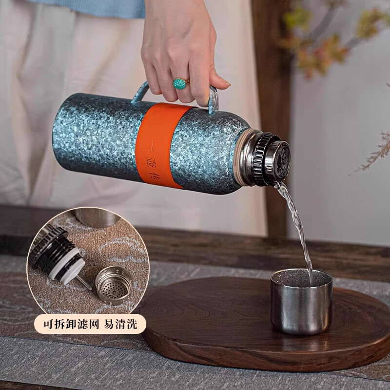 SHXI德国进口品质纯钛双层焖茶壶保温壶泡茶壶茶水分离家用传家暖水壶 皓月银_1L_内外纯钛双层闷泡壶_