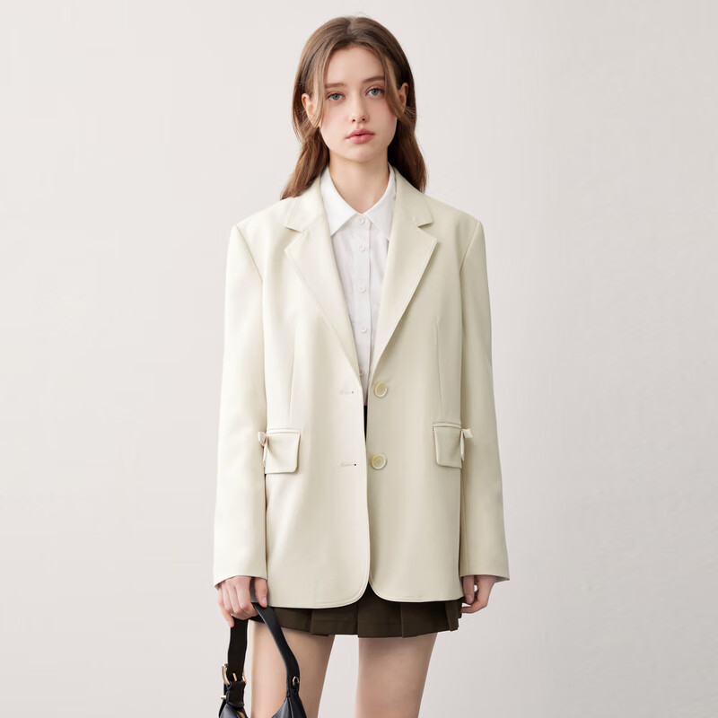 乐町韩系学院风口袋蝴蝶结休闲宽松西装外套 米白(现货) XS