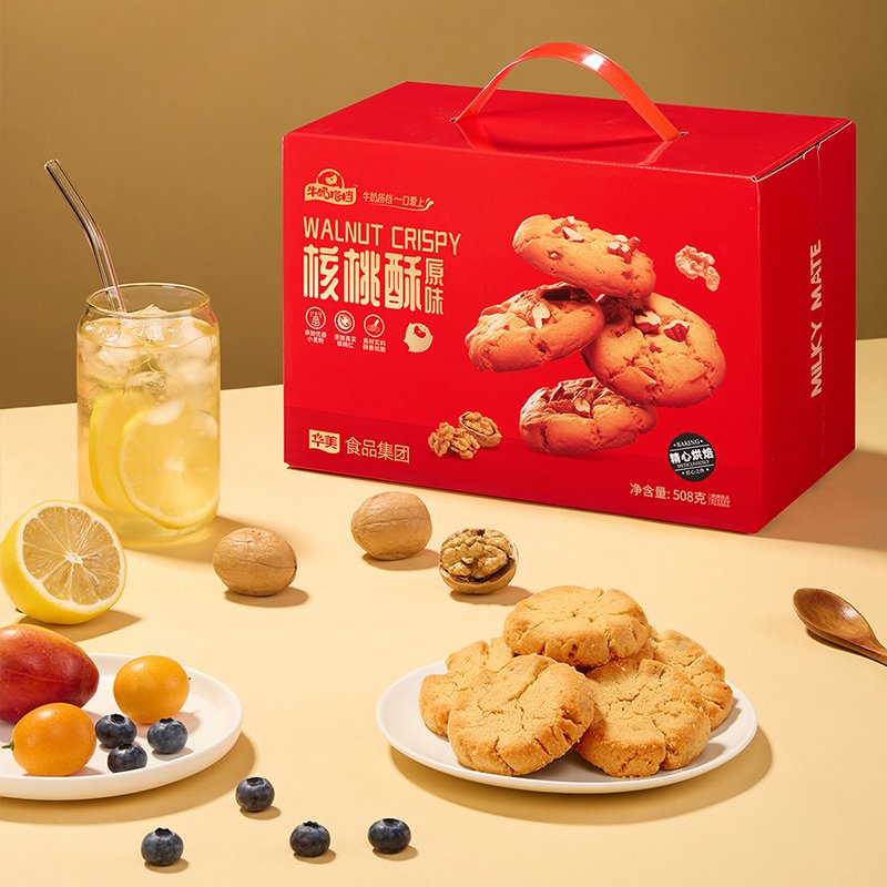 華美（Huamel）華美牛奶搭檔核桃酥餅干追劇休閑零食送禮春節(jié)年貨禮盒過(guò)年送禮 約16包508g核桃酥手提禮盒