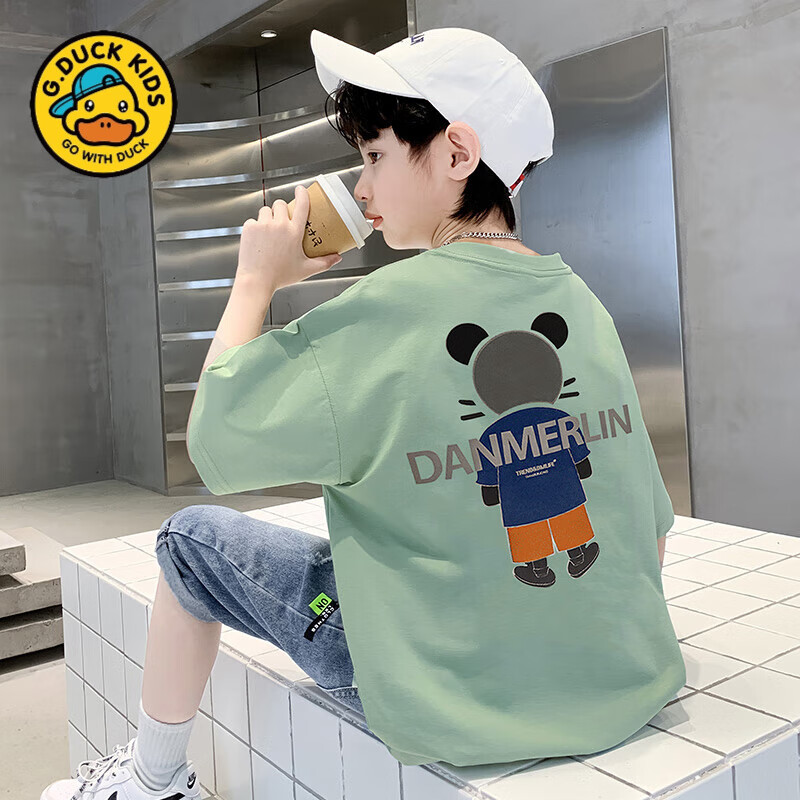 G.DUCKKIDS儿童装男童短袖t恤夏装2025年新款中大童纯棉夏款男孩夏季上衣潮 方向标蓝色 120 cm