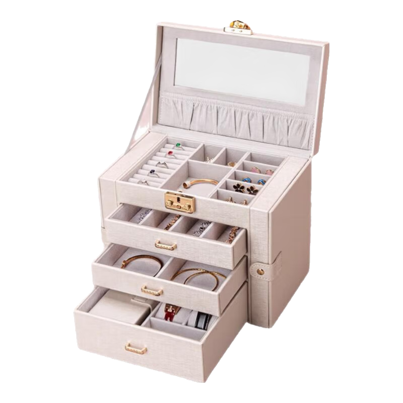 卡瑟格手提多層大容量皮革首飾盒收納盒帶化妝鏡帶鎖可放化妝品項鏈戒指 自開(kāi)帶鎖三層飾品盒-象牙白