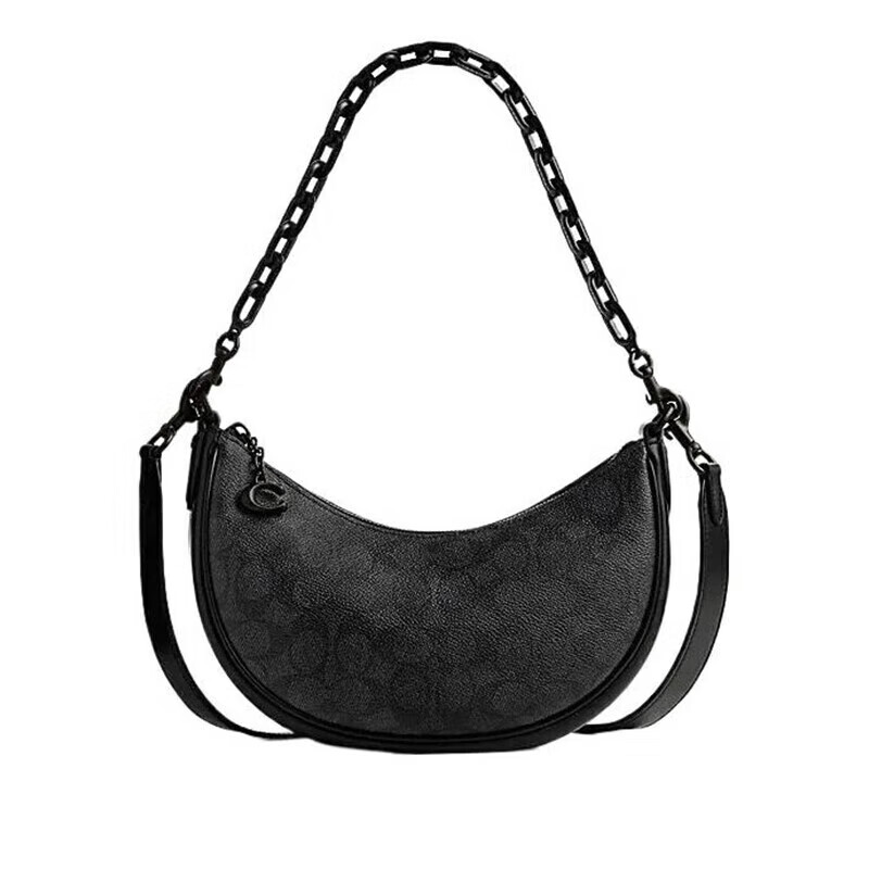 蔻馳（COACH）女包 新款Mira 女士馬車logo老花皮革女款餃子包月牙單肩包送女友 長23.5cm 寬6.5cm 高16cm碳黑色拼黑色CQ764-MWO1U 尺寸咨詢客服