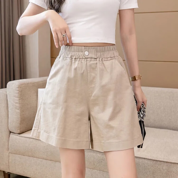 大码纯棉水洗短裤女夏韩版休闲运动短裤高腰阔腿宽松显瘦五分裤子 卡其色 L 【建议100-115斤】